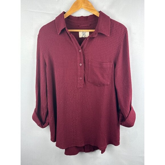 Cosmic Blue Love Womens Textured Burgundy Button-Up Blouse Long Sleeve Size M Ra - Picture 1 of 4